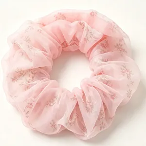Pink sheer double-layer mesh hair scrunchie sweet floral hair tie cute chic hair accessories