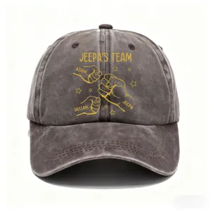 Distressed washed baseball cap with custom fist bump team print for outdoor sun protection.