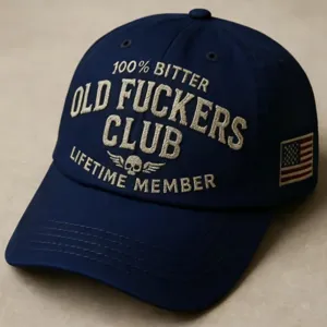 Vintage navy blue baseball cap with embroidered old fuckers club text and skull detail.