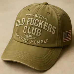 Vintage khaki baseball cap with embroidered lettering design, casual washed cotton hat.