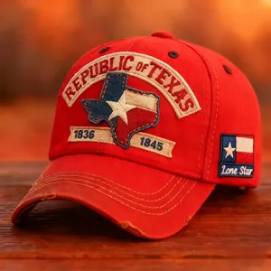 Cappellino da baseball rosso ricamato con tema Texas, visiera vintage e protezione solare.