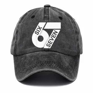 Cappellino da baseball nero vintage slavato con stampa grafica bianca SIX SEVEN, cappello casual.