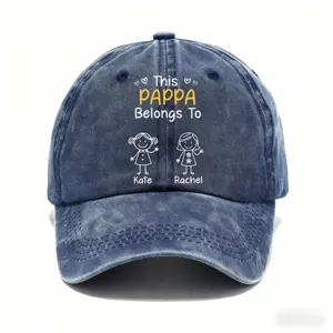 Distressed denim baseball cap with custom family text print, stylish dad hat for outdoor wear.