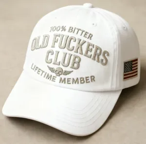 Classic white baseball club hat with vintage embroidered typography and side flag patch.