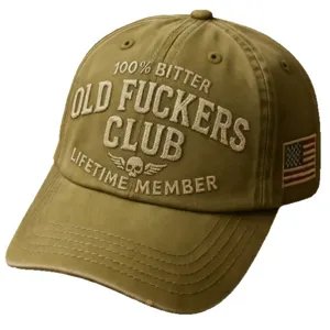 Vintage washed khaki baseball cap with retro embroidered slogan and skull motif for daily wear.