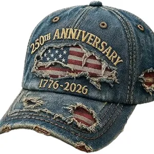Berretto da baseball in denim vintage con ricamo anniversario e bandiera americana.