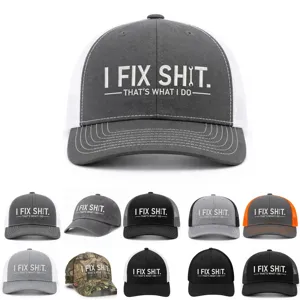 Classic trucker hat with embroidered slogan, breathable mesh back, snapback closure adjustable.