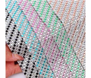 Detailed close-up view of colorful self-adhesive crystal rhinestone mesh sticker strips.