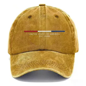 Distressed washed cotton baseball cap featuring USA 250 years commemorative embroidery design.