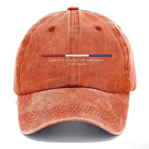 Distressed orange baseball cap with USA 250 years embroidery, stylish casual dad hat for men.