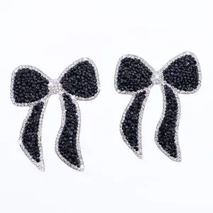 Black crystal rhinestone bow patch for clothing hats DIY accessories apparel decor embellishment