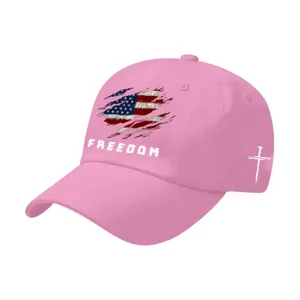 Cappellino da baseball rosa con bandiera USA e stampa Freedom, cappello regolabile in cotone casual.
