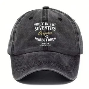 Washed distressed vintage baseball dad hat with cool seventies typography print for daily wear.
