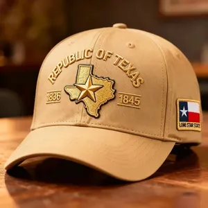 Detailed closeup view of the stylish khaki baseball cap featuring intricate Texas state embroidery.