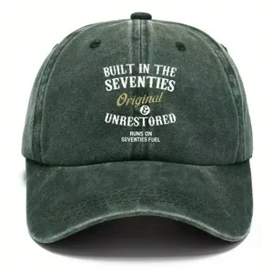 Vintage washed dad hat with seventies printed slogan, classic green casual baseball cap.