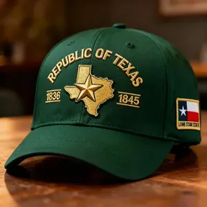 Dark green embroidered baseball cap Republic of Texas commemorative outdoor sun protection hat.