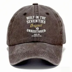 Vintage washed baseball hat with seventies theme embroidered typography, retro dad cap.