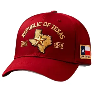Red Republic of Texas embroidered baseball cap with star and state map design, sun protection.