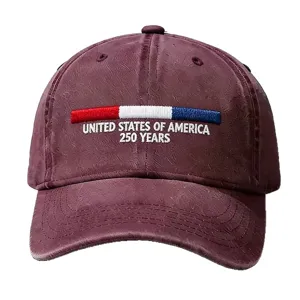 Cappellino da baseball ricamato con design USA 250 anni e accento di barra tricolore elegante.