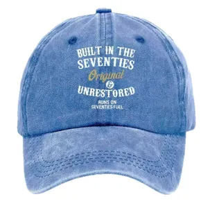 Vintage washed cotton baseball cap with retro typography print for daily casual wear.