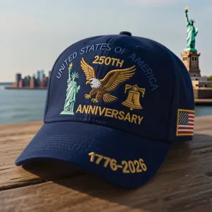 Detailed view of navy blue embroidered baseball cap, 250th anniversary USA patriotic design.