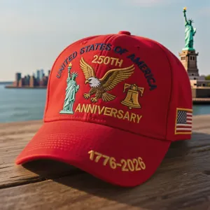 Red embroidered baseball cap celebrating the USA 250th anniversary with classic curved brim style.