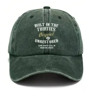 Vintage washed cotton baseball cap with retro printed slogan, distressed sun-proof dad hat.