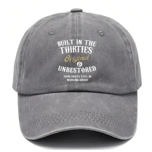 Detail view of vintage washed grey cotton baseball cap with retro print, sun-proof.
