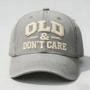 Classic grey washed cotton baseball cap with stylish embroidered text, adjustable outdoor hat.