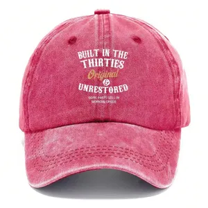 Vintage washed red baseball cap with retro letter print, unisex sun shade casual hat.