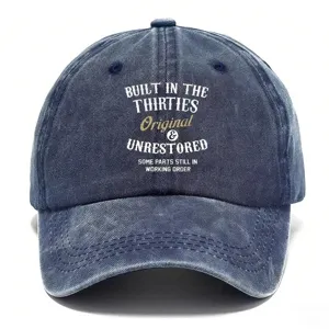 Detailed front view of the vintage washed navy blue baseball cap showcasing retro slogan.