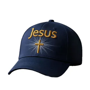 Cappellino da baseball blu scuro con ricamo oro Gesù e croce, cappello da sole alla moda.
