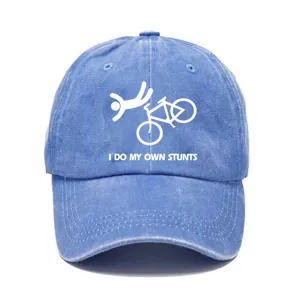 Berretto da baseball blu lavato con stampa acrobatica in bici, cappello parasole casual.
