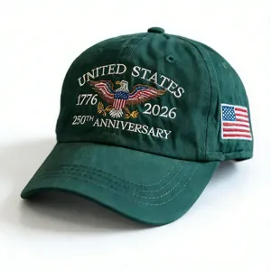Green US 250th anniversary baseball cap with detailed eagle embroidery and flag patch.