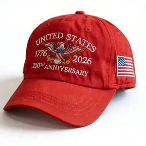 Red USA 250th Anniversary baseball cap with embroidered eagle and flag patch for outdoor.