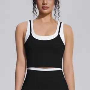Vue rapprochée du soutien-gorge de sport côtelé à double couche en noir et blanc contrasté.
