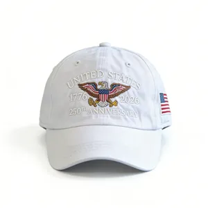 Detailed view of the US 250th anniversary embroidered baseball cap with eagle motif and flag.