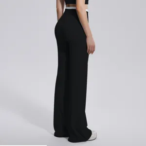 Pantalon evase taille haute pour femme avec ceinture contrastee, pantalon de yoga sport.
