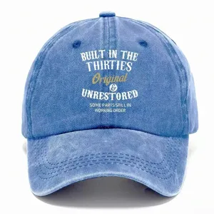 Vintage washed cotton baseball cap with retro printed slogan, casual unisex sun hat.