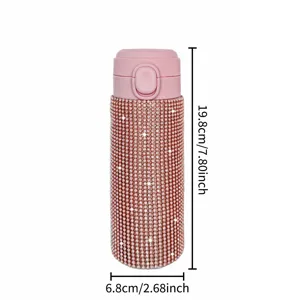 Pink rhinestone vacuum insulated stainless steel water bottle, 13.5oz portable travel thermos.