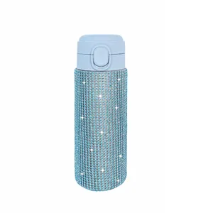 Detailed close-up view of the sparkling rhinestone insulated vacuum water bottle.