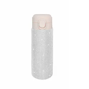 Rhinestone insulated tumbler detail close-up, sparkling crystal stainless steel water bottle.