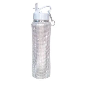 Close-up of sparkling rhinestone insulated water bottle with straw lid and portable keyring.