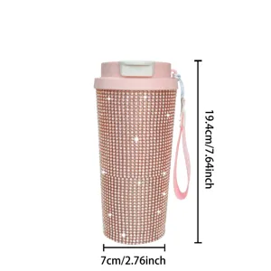 Strass geisoleerde reisbeker roze roestvrijstalen koffiekop met deksel en rietje 18oz