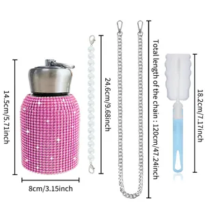 Rhinestone stainless steel belly water bottle set with pearl chain, metal chain and brush.