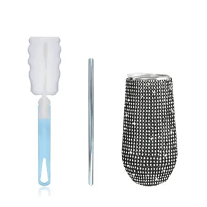 Detailed showcase of the 6oz rhinestone tumbler set with stainless steel straw and brush.