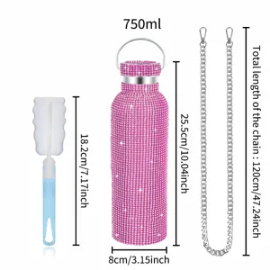 Rhinestone insulated water bottle detail showing 750ml capacity and 25.5cm height dimensions