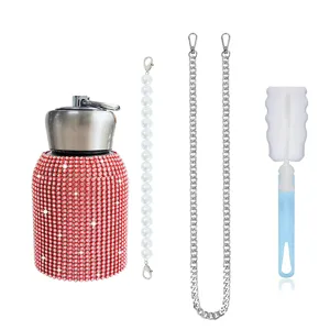 Rhinestone stainless steel belly water bottle with pearl chain and cleaning brush set