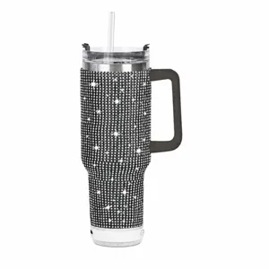 Black rhinestone 40oz insulated tumbler featuring a built-in Bluetooth speaker and straw.