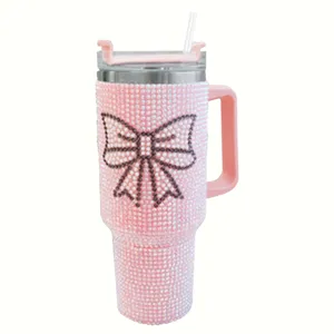 Bicchiere Termico da 40oz in Acciaio Inossidabile Con Manico E Cannuccia Design Con Fiocco in Strass Tazza da Auto